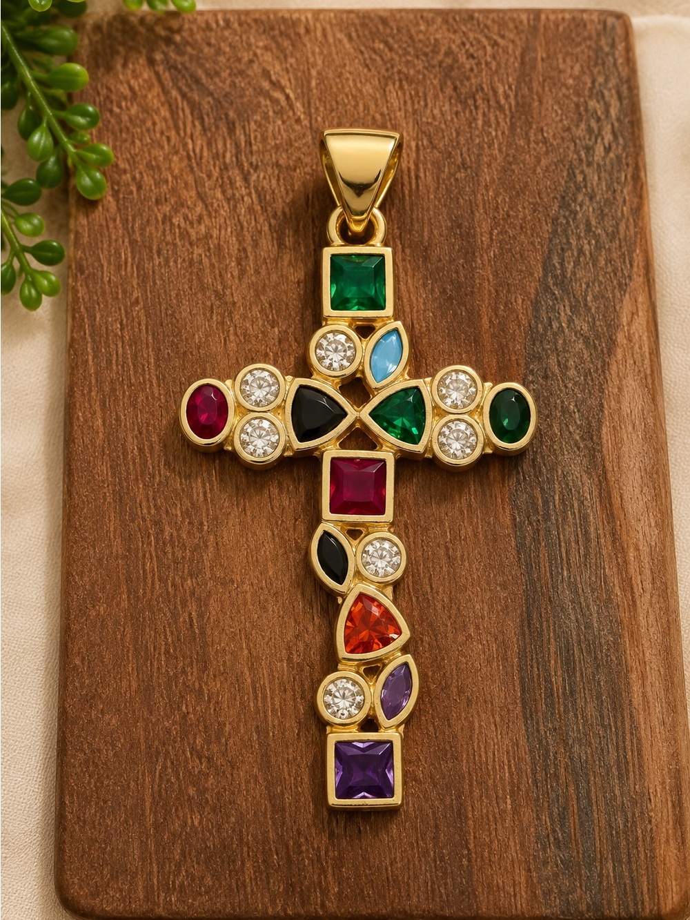 Multicolor Jeweled Cross Pendant Gold Tone Statement Necklace